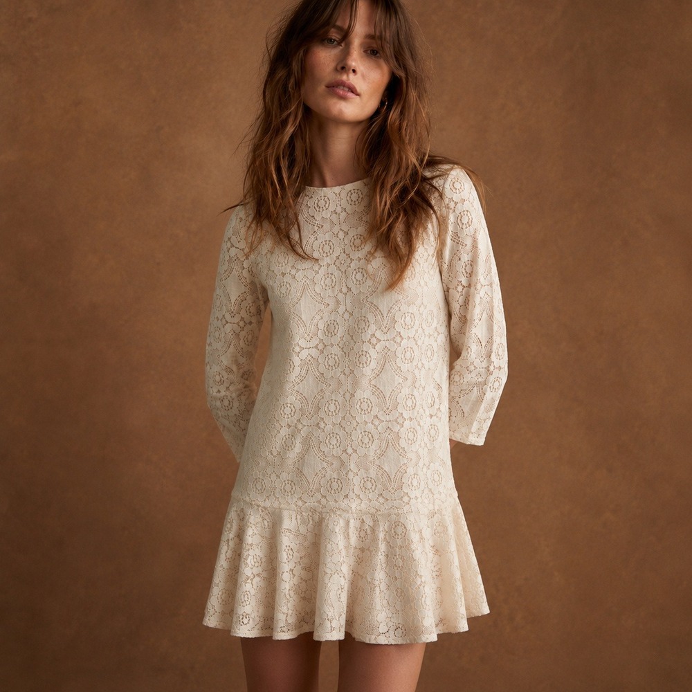 Free People Sheer Lace Overlay Mini Slip Dress Sz 4 Cream